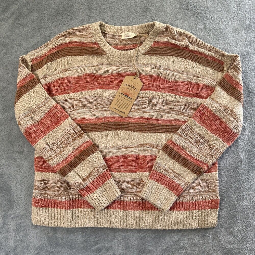 Faherty Miramar Linen Crewneck Sweater Womens Medium Striped Cotton Sweatshirt